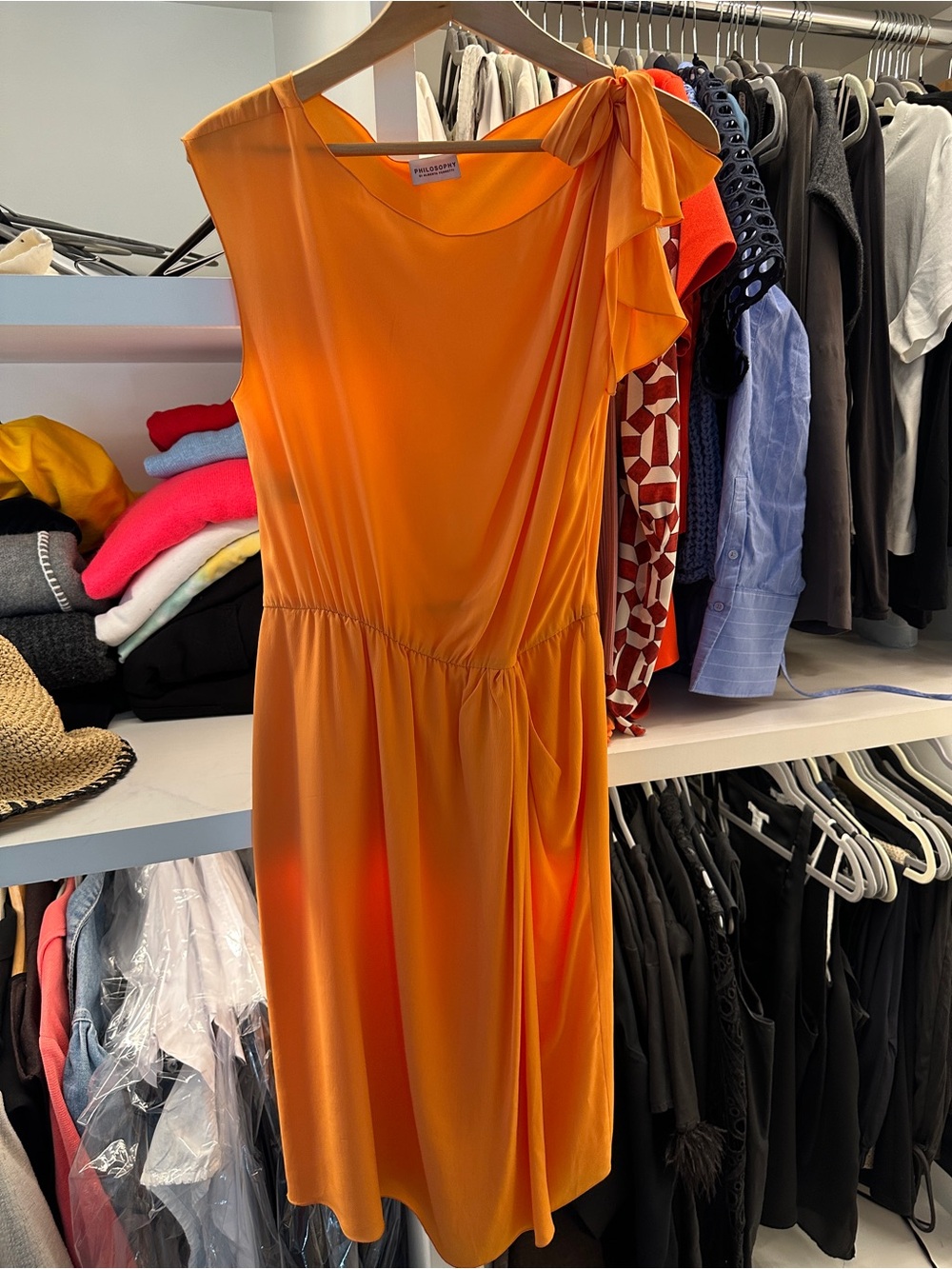 Alberta Ferretti Orange One-Shoulder Ruffle Dress